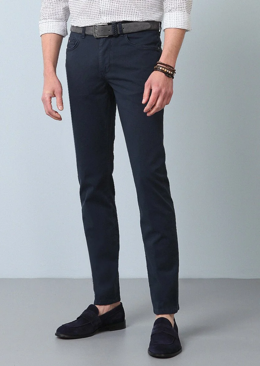 Lacivert Düz Dokuma Slim Fit Casual Pamuk Karışımlı Pantolon - 3