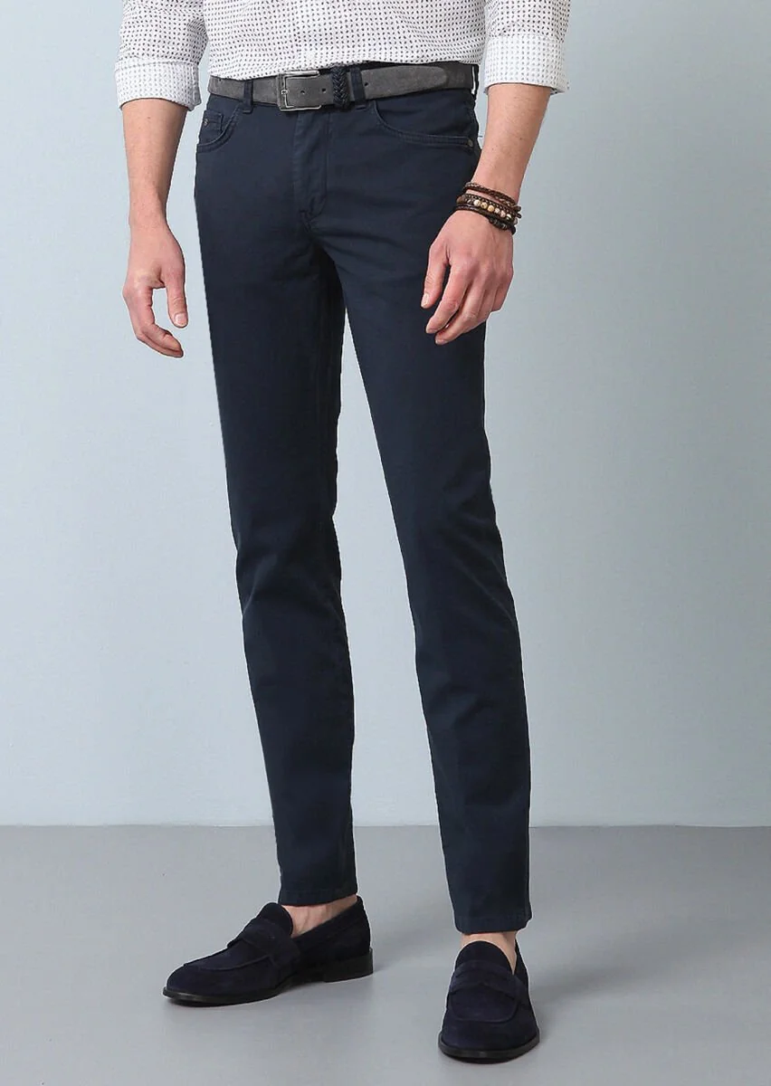 Lacivert Düz Dokuma Slim Fit Casual Pamuk Karışımlı Pantolon - 3