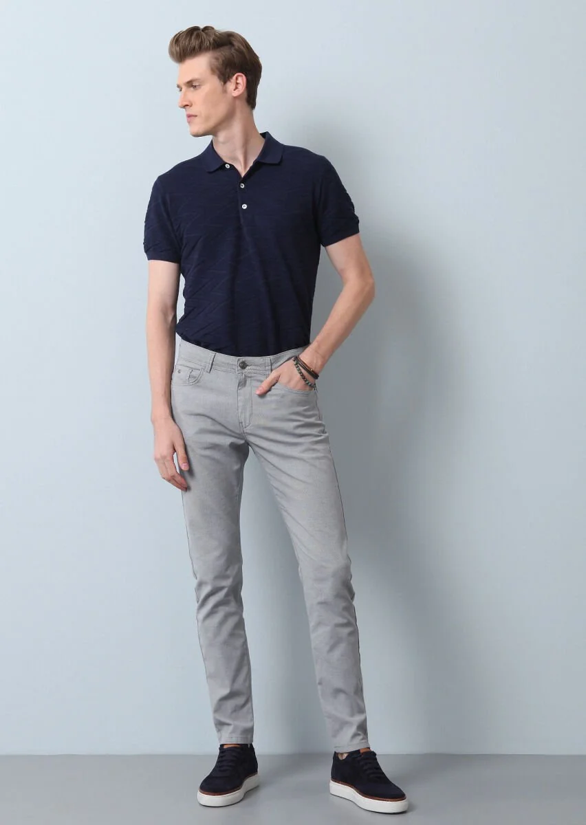 Lacivert Düz Dokuma Slim Fit Casual Pamuk Karışımlı Pantolon - 1