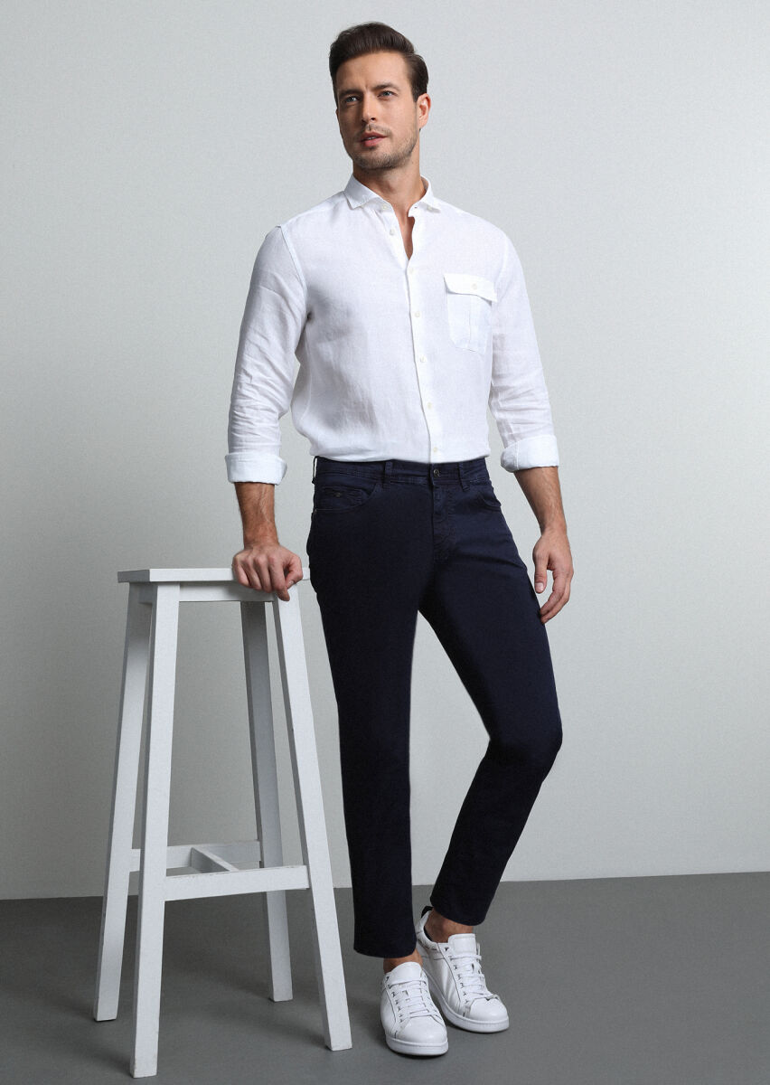 Lacivert Düz Dokuma Slim Fit Casual Pamuk Karışımlı Pantolon - 1
