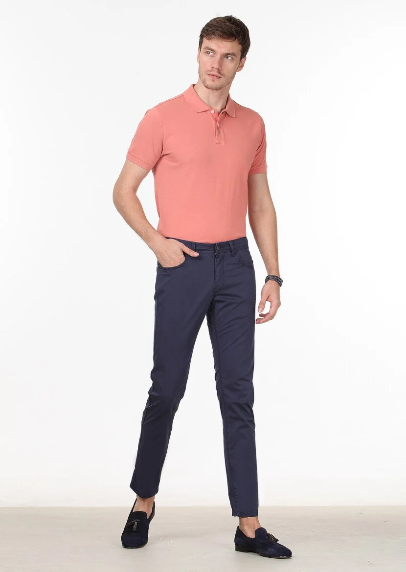 Lacivert Düz Dokuma Slim Fit Casual Pamuk Karışımlı Pantolon 