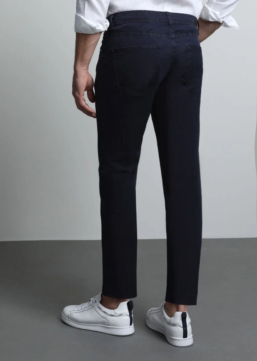 Lacivert Düz Dokuma Slim Fit Casual Pamuk Karışımlı Pantolon - 5