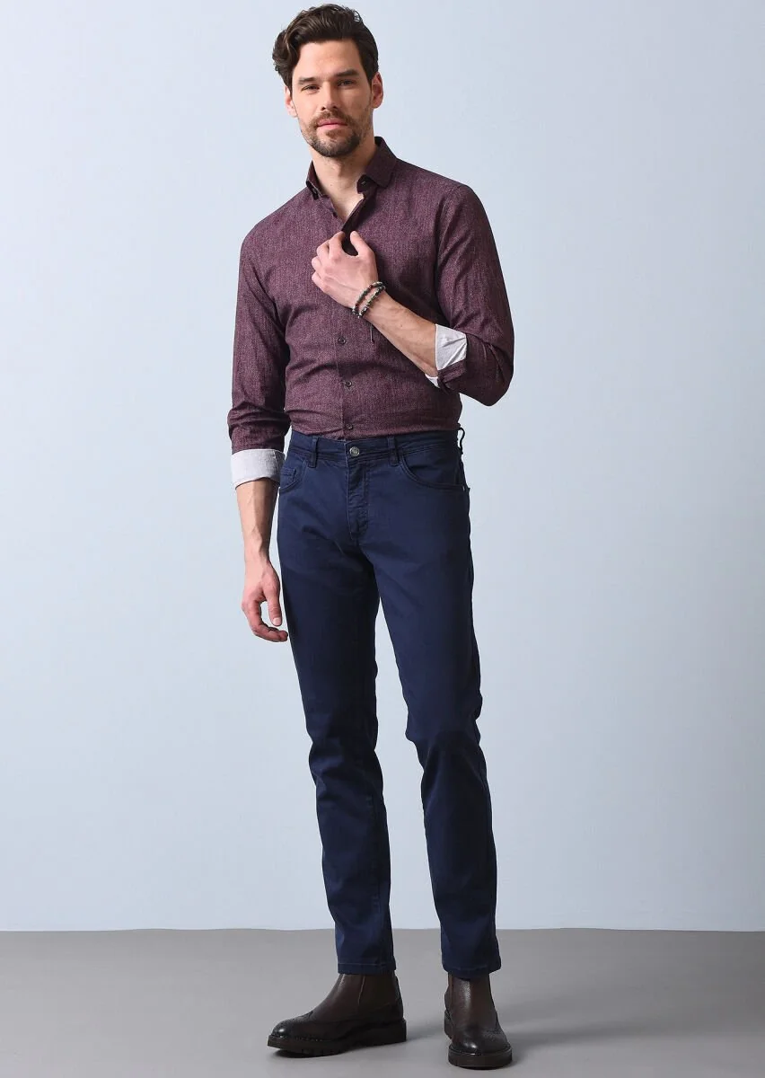 Lacivert Düz Dokuma Slim Fit Casual Pamuk Karışımlı Pantolon - 1