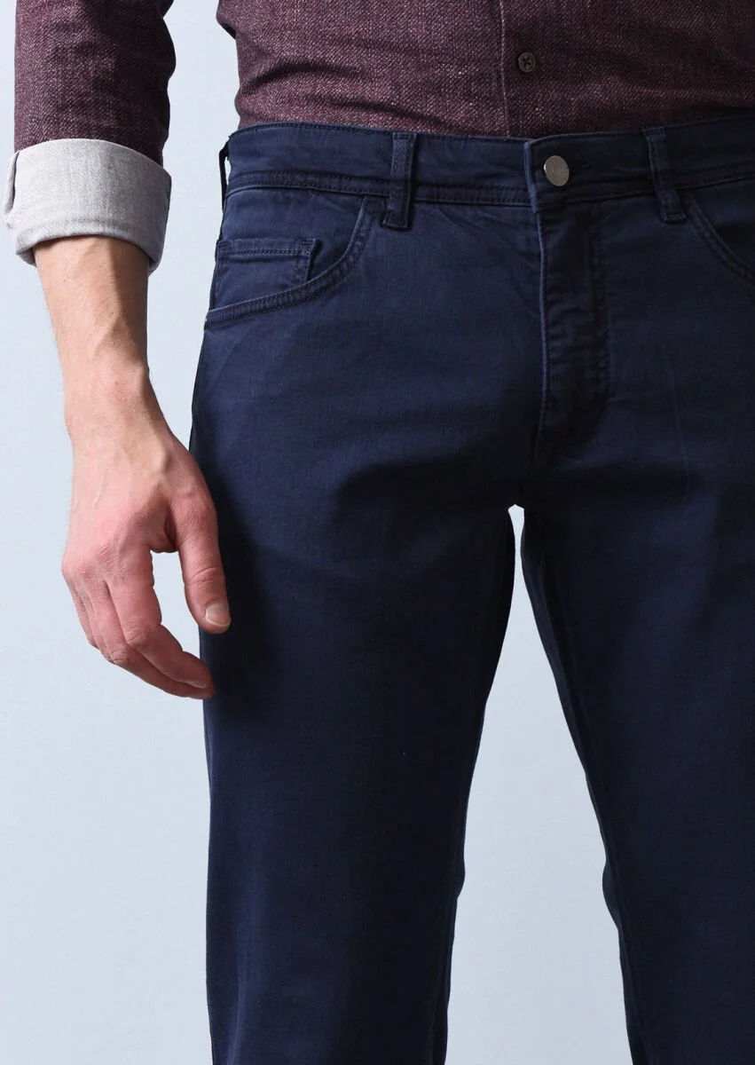 Lacivert Düz Dokuma Slim Fit Casual Pamuk Karışımlı Pantolon - 4