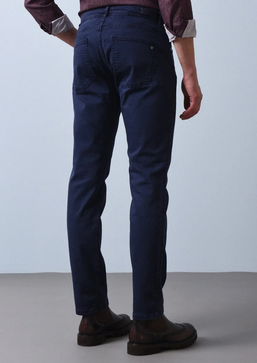 Lacivert Düz Dokuma Slim Fit Casual Pamuk Karışımlı Pantolon - 5