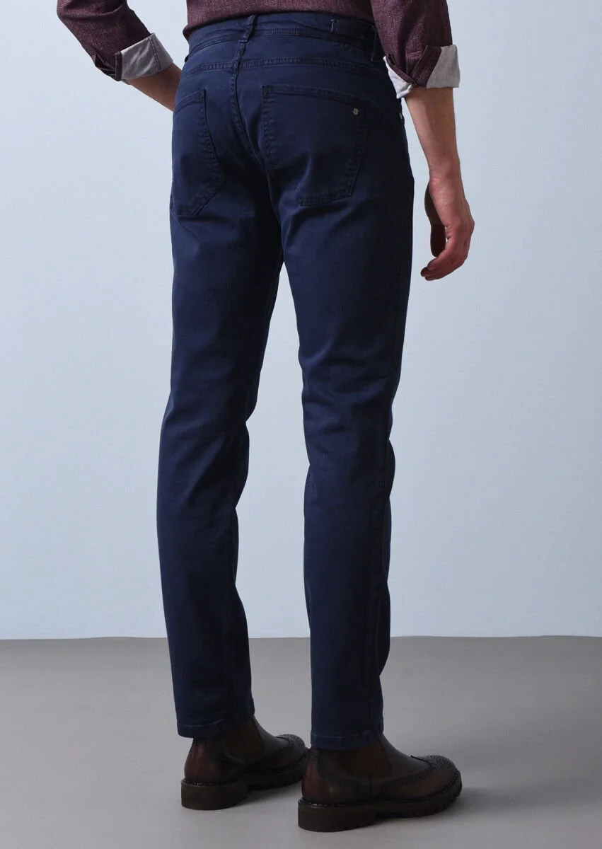 Lacivert Düz Dokuma Slim Fit Casual Pamuk Karışımlı Pantolon - 5