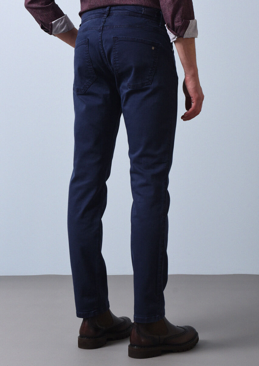 Lacivert Düz Dokuma Slim Fit Casual Pamuk Karışımlı Pantolon - 5