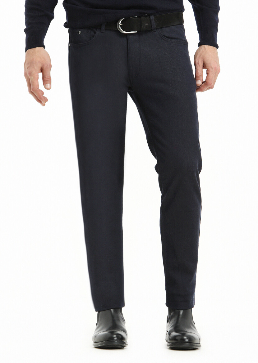 Lacivert Düz Dokuma Slim Fit Casual Pamuk Karışımlı Pantolon - 2