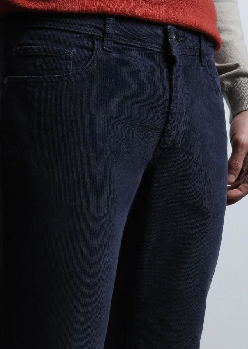 Lacivert Düz Dokuma Slim Fit Casual Pamuk Karışımlı Pantolon - 3
