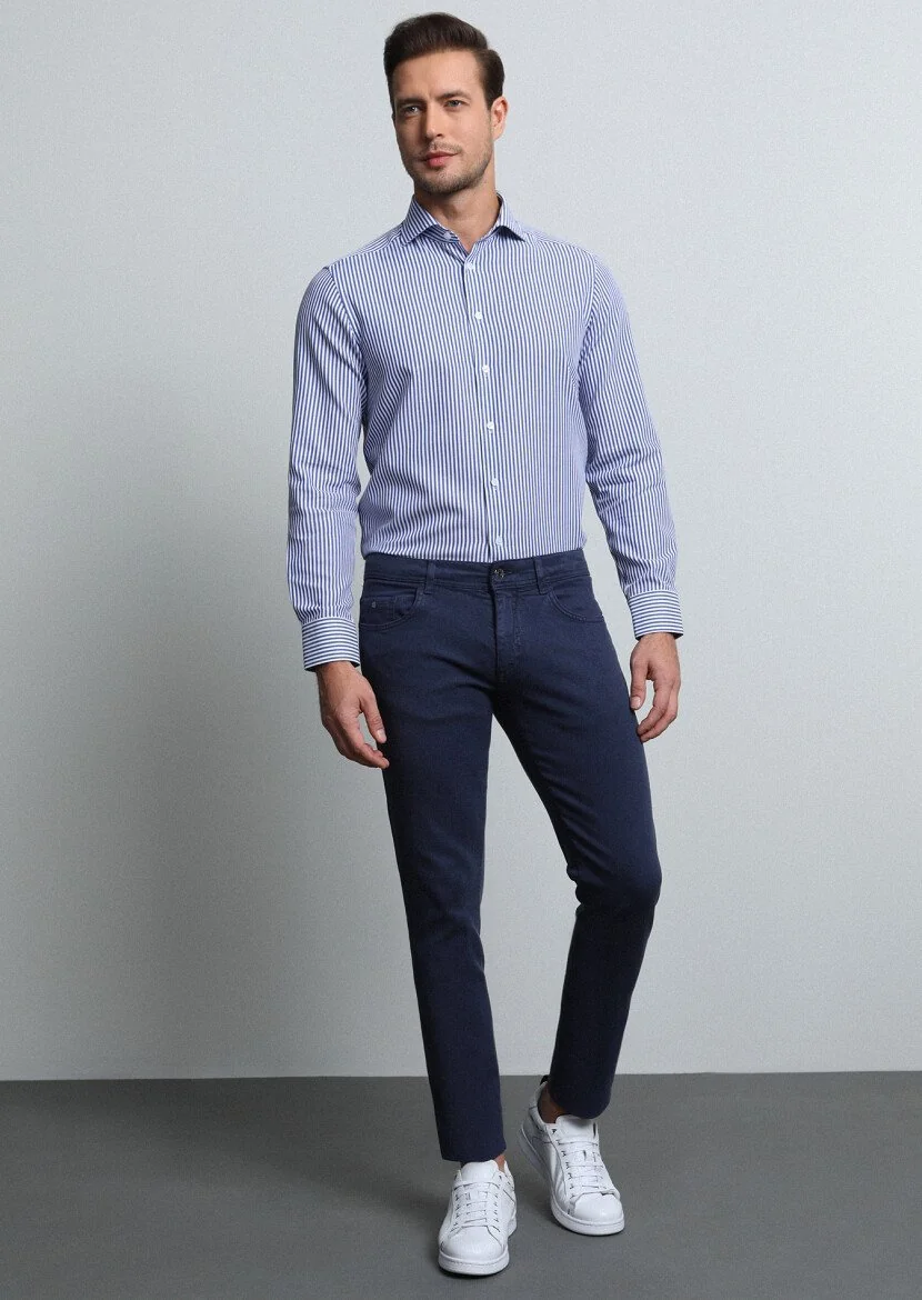 Lacivert Düz Dokuma Slim Fit Casual Pamuk Karışımlı Pantolon 