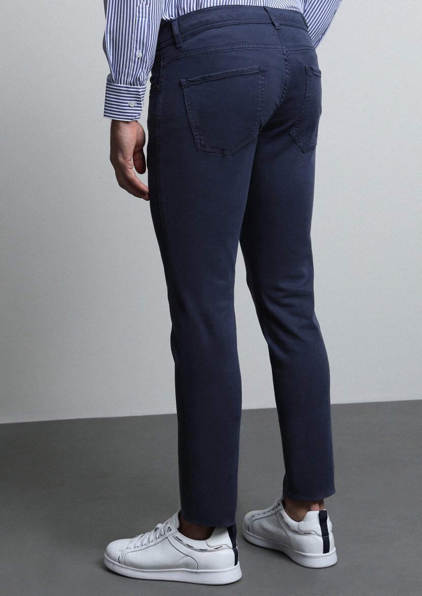 Lacivert Düz Dokuma Slim Fit Casual Pamuk Karışımlı Pantolon - 5