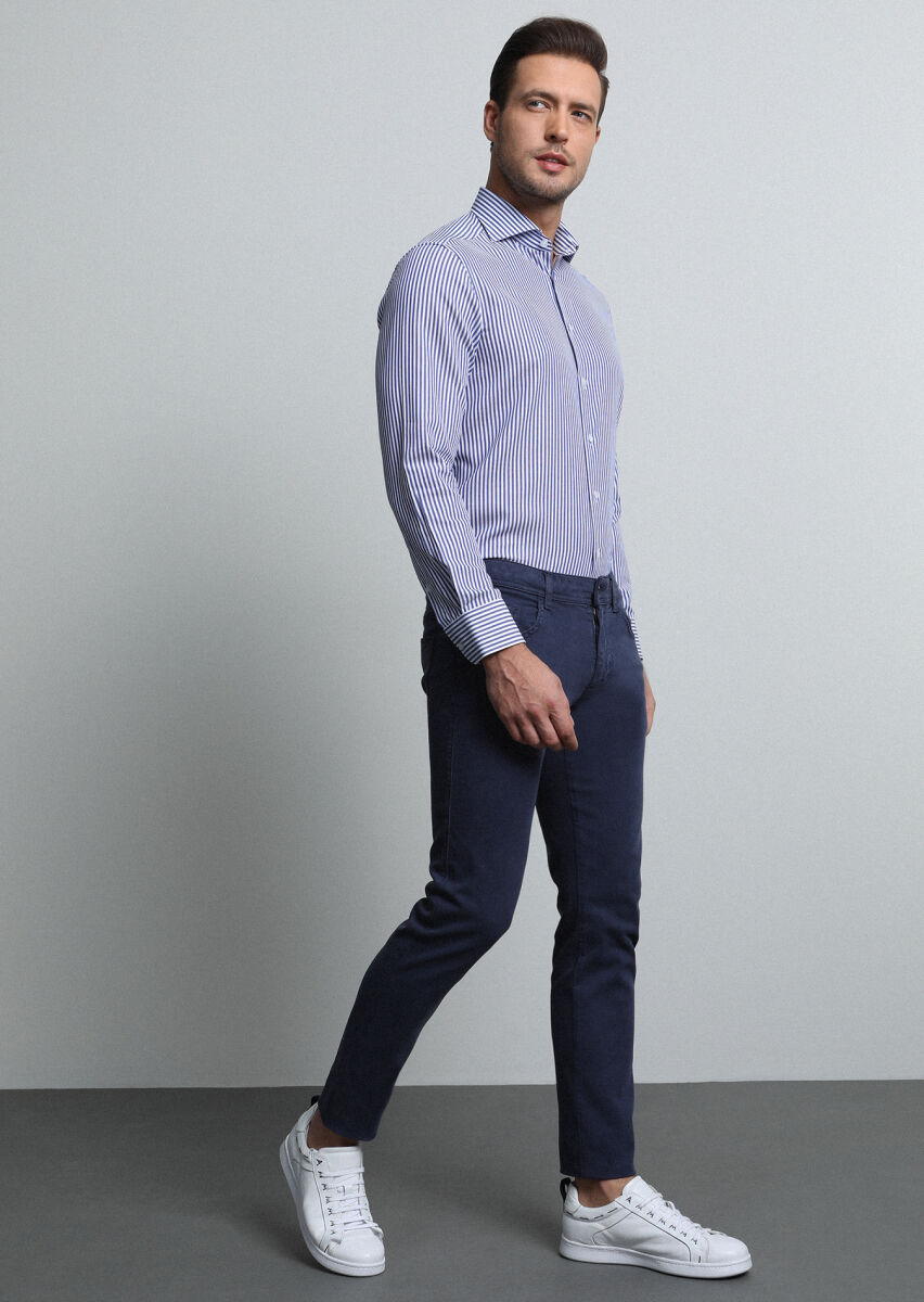 Lacivert Düz Dokuma Slim Fit Casual Pamuk Karışımlı Pantolon - 2