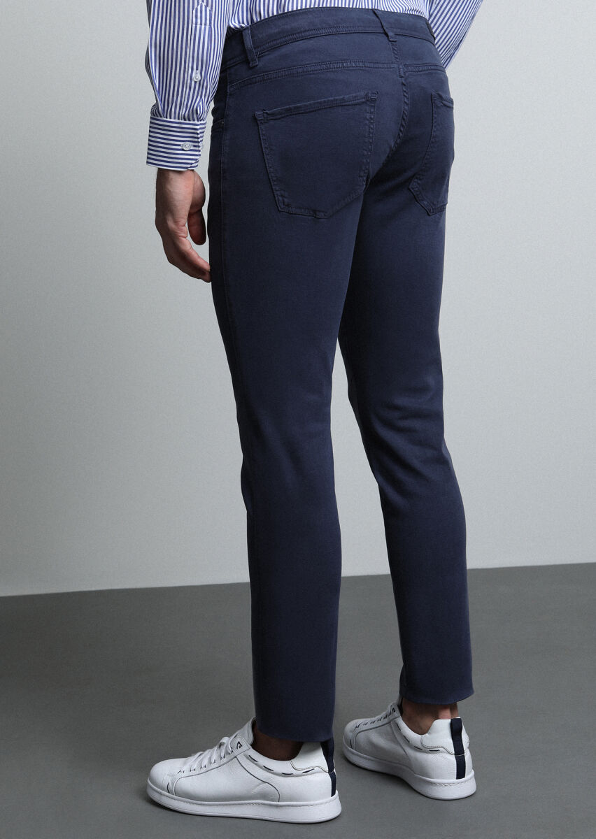 Lacivert Düz Dokuma Slim Fit Casual Pamuk Karışımlı Pantolon - 5