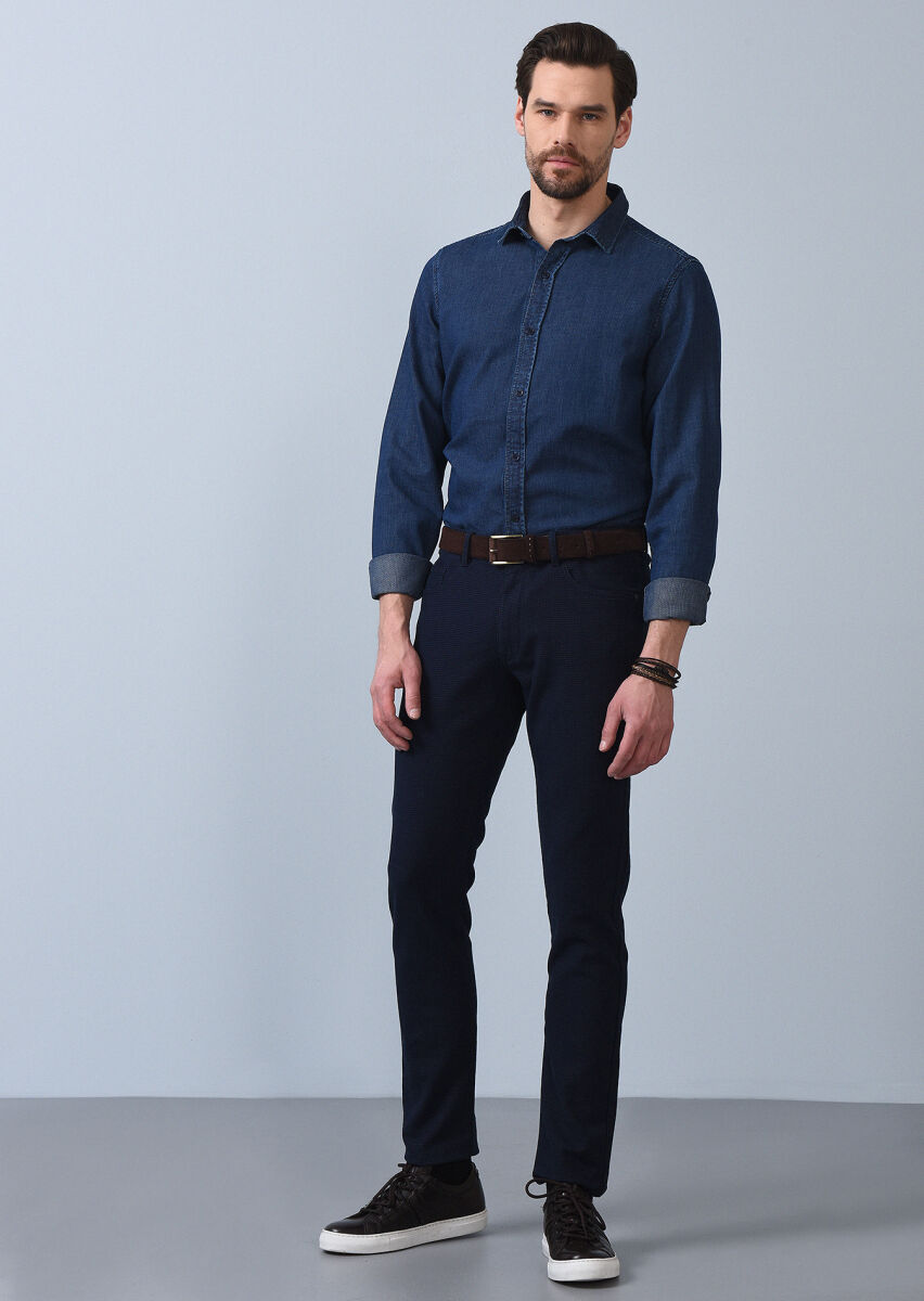 Lacivert Düz Dokuma Slim Fit Casual Pamuk Karışımlı Pantolon - 1