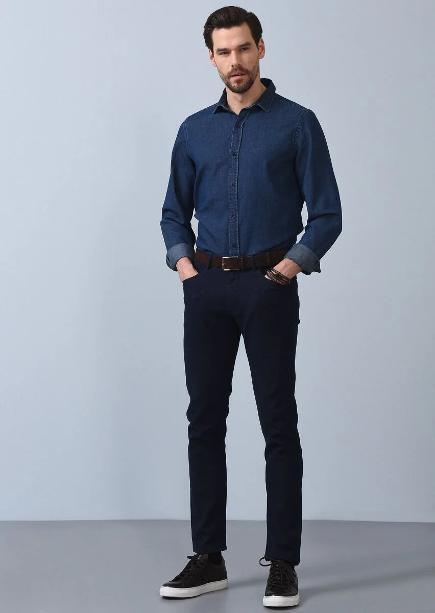 Lacivert Düz Dokuma Slim Fit Casual Pamuk Karışımlı Pantolon - 2