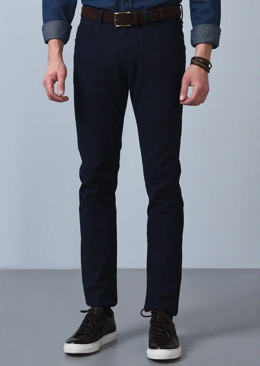 Lacivert Düz Dokuma Slim Fit Casual Pamuk Karışımlı Pantolon - 3