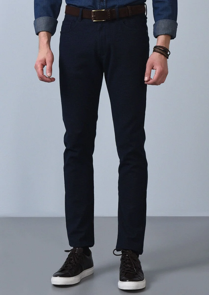 Lacivert Düz Dokuma Slim Fit Casual Pamuk Karışımlı Pantolon - 3