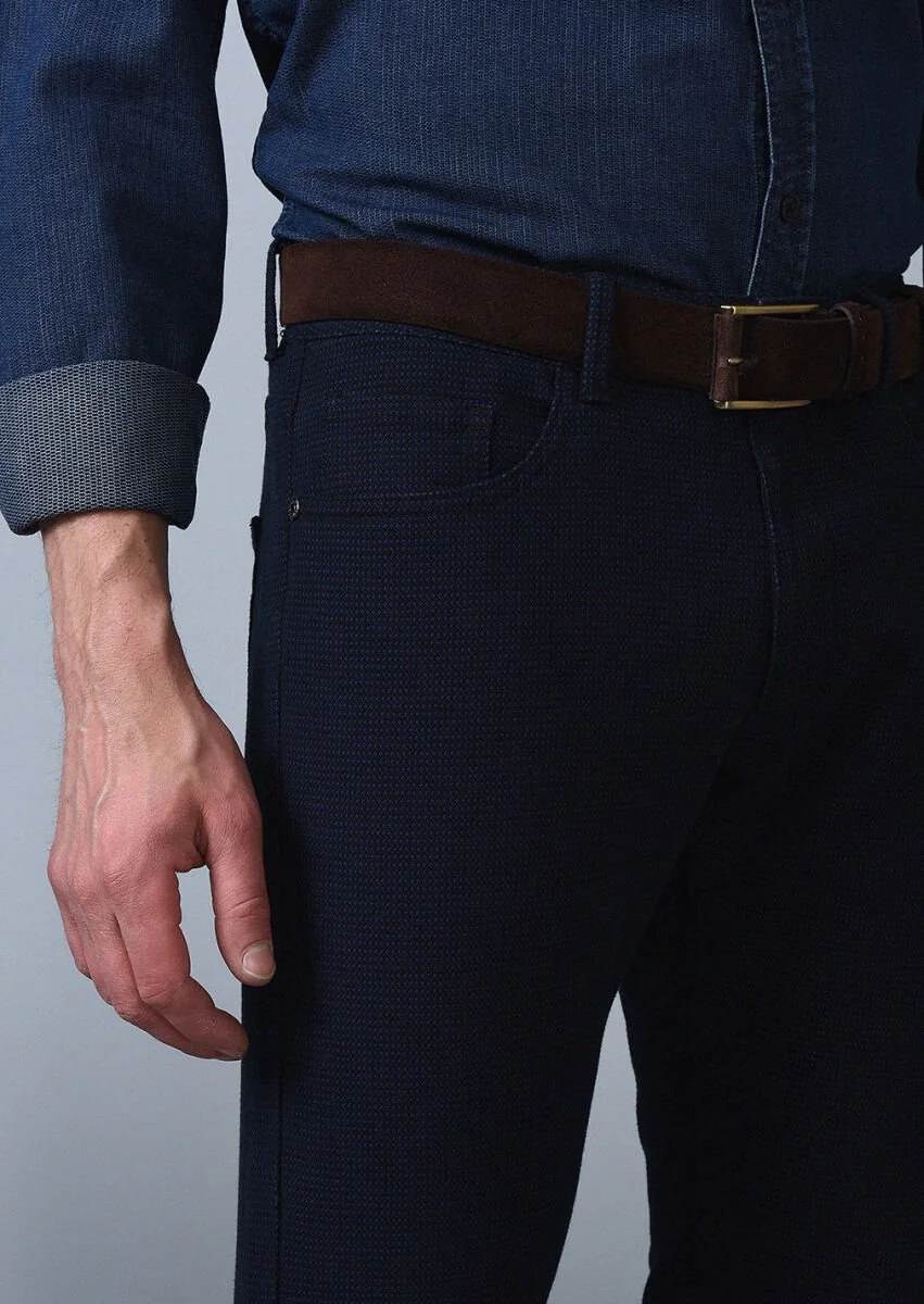 Lacivert Düz Dokuma Slim Fit Casual Pamuk Karışımlı Pantolon - 4