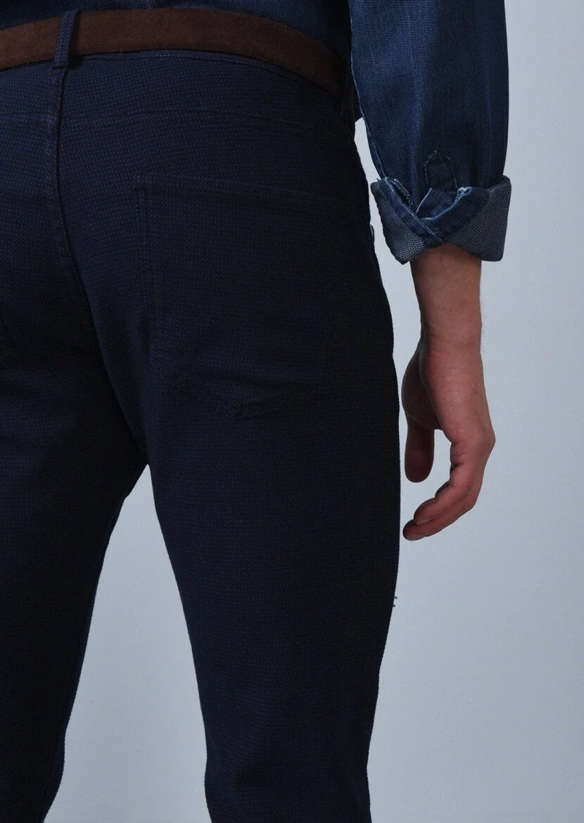 Lacivert Düz Dokuma Slim Fit Casual Pamuk Karışımlı Pantolon - 5