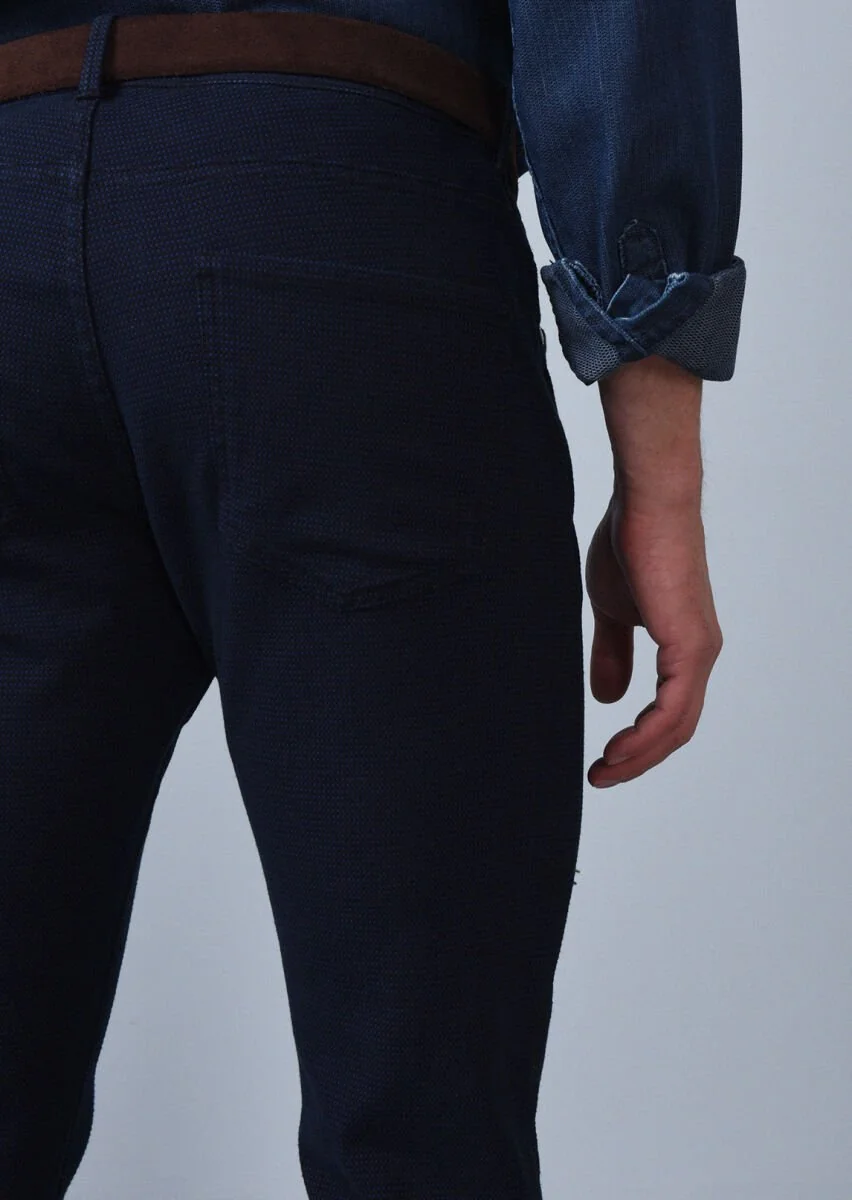 Lacivert Düz Dokuma Slim Fit Casual Pamuk Karışımlı Pantolon - 5