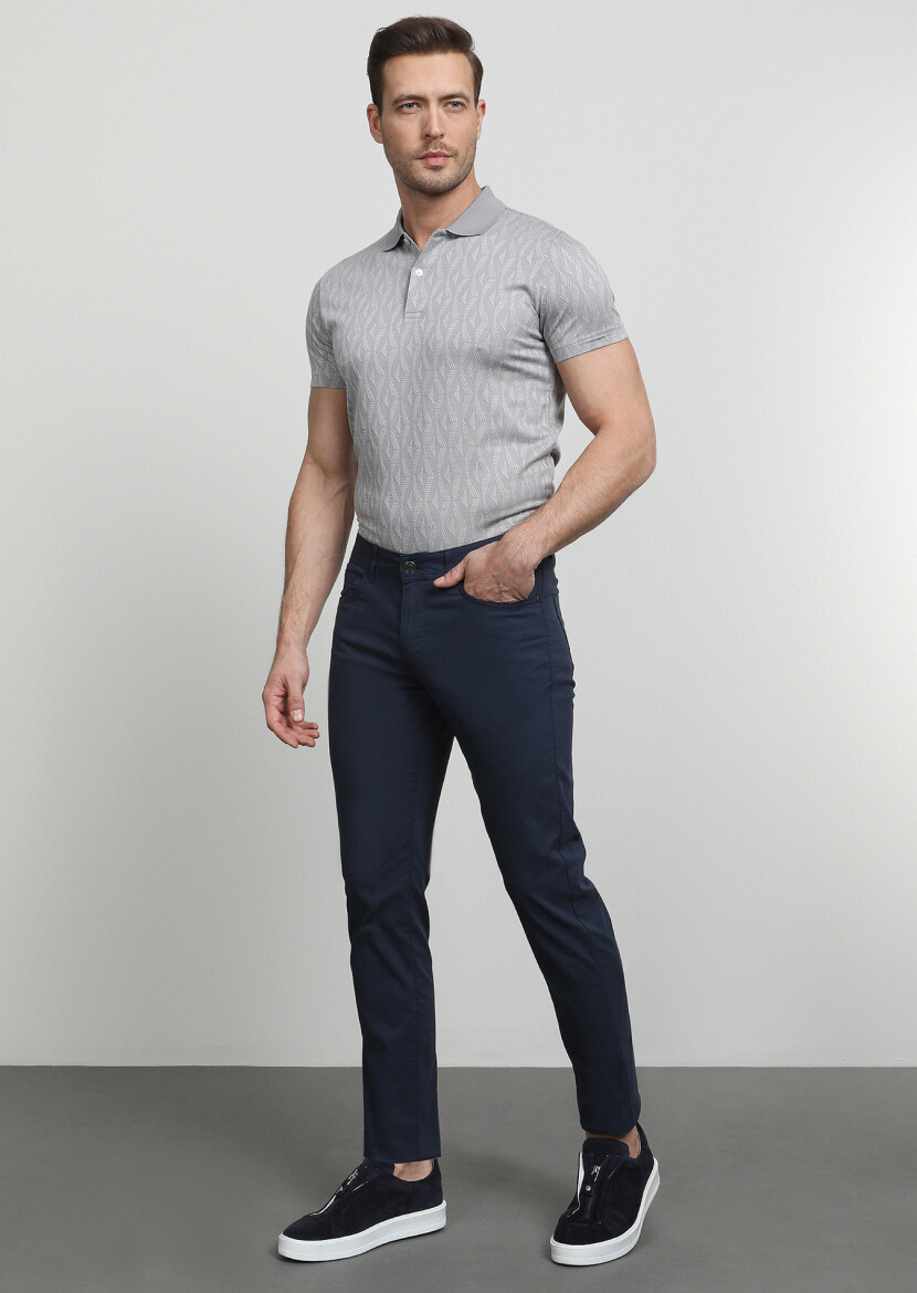 Lacivert Düz Dokuma Slim Fit Casual Pamuk Karışımlı Pantolon - 1