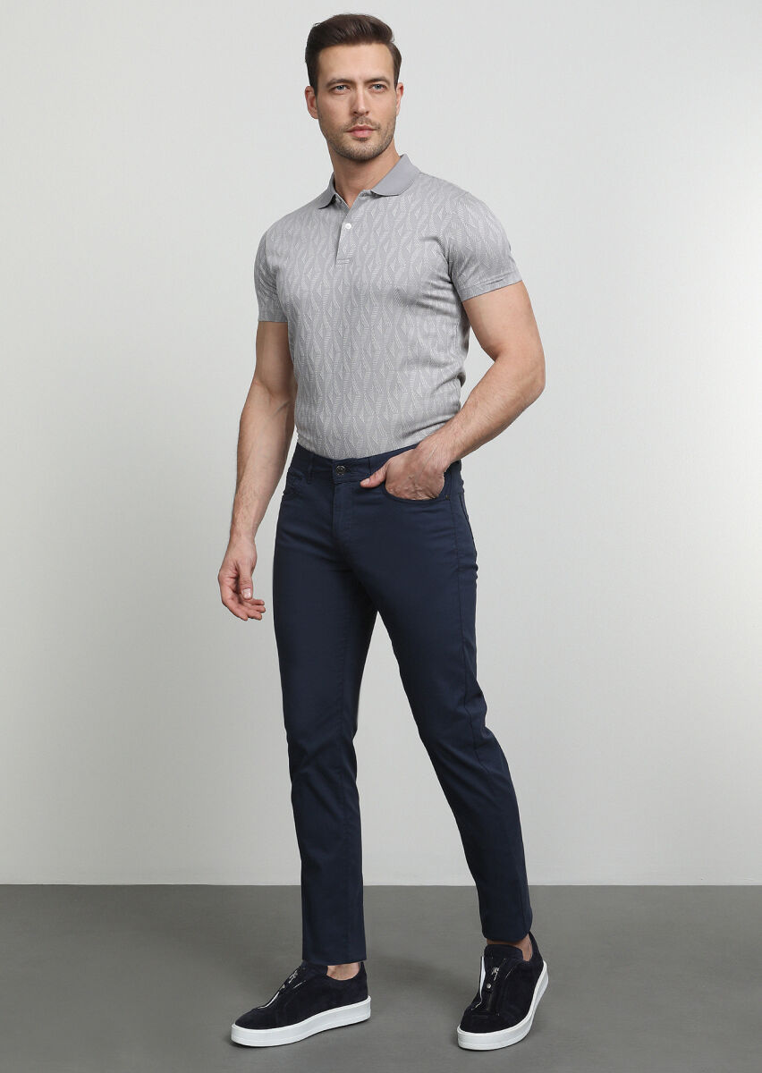 Lacivert Düz Dokuma Slim Fit Casual Pamuk Karışımlı Pantolon - 1