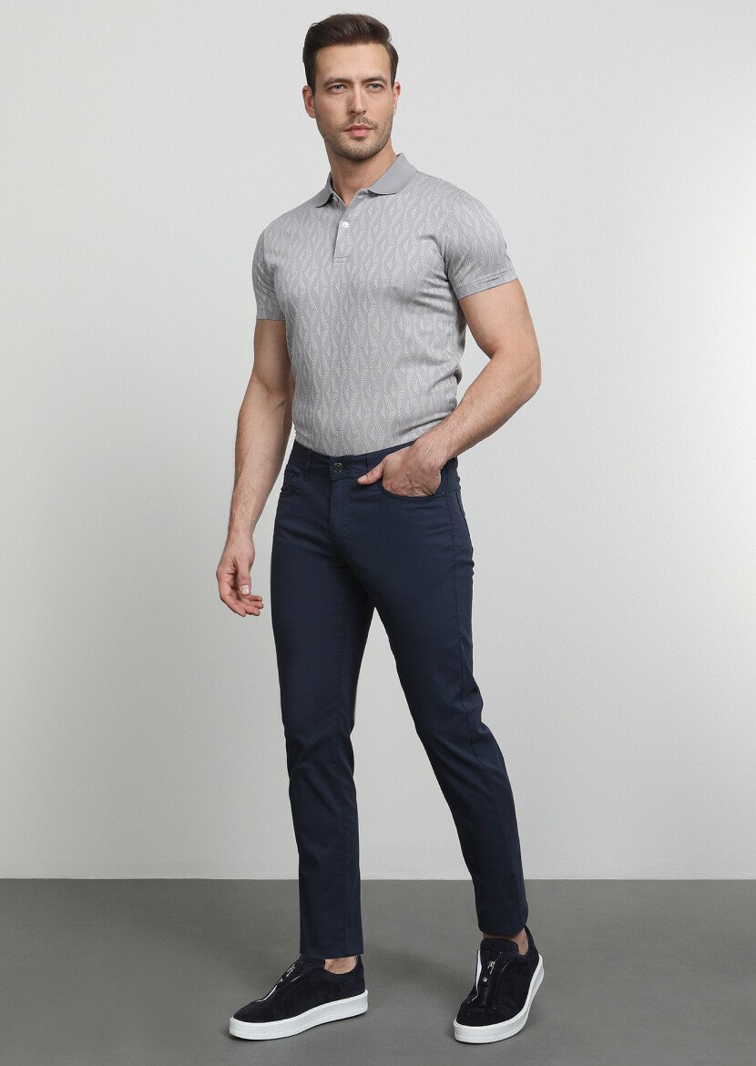 Lacivert Düz Dokuma Slim Fit Casual Pamuk Karışımlı Pantolon - 1