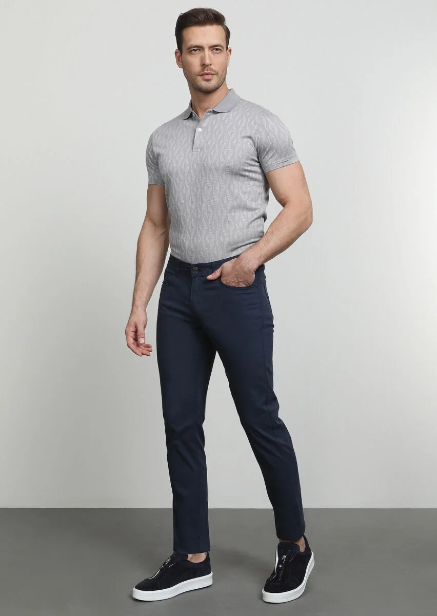 Lacivert Düz Dokuma Slim Fit Casual Pamuk Karışımlı Pantolon - 1