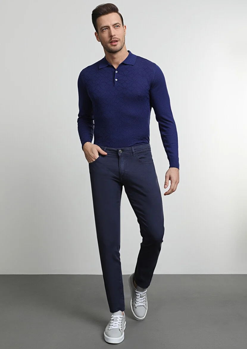 Lacivert Düz Dokuma Slim Fit Casual Pamuk Karışımlı Pantolon - 1