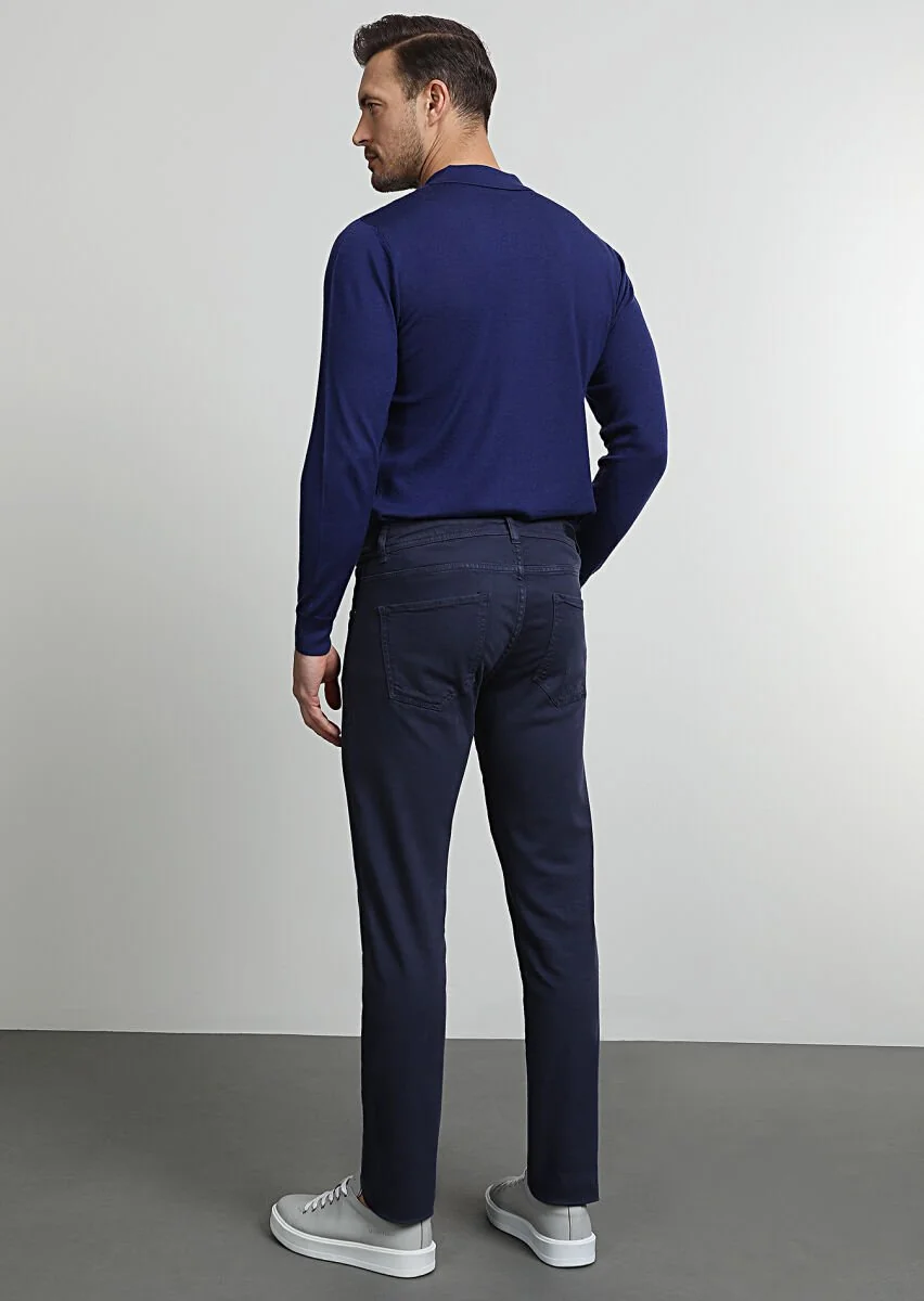 Lacivert Düz Dokuma Slim Fit Casual Pamuk Karışımlı Pantolon - 4