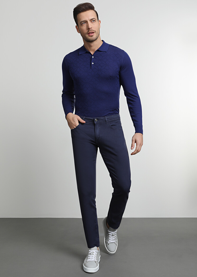 Lacivert Düz Dokuma Slim Fit Casual Pamuk Karışımlı Pantolon - 1