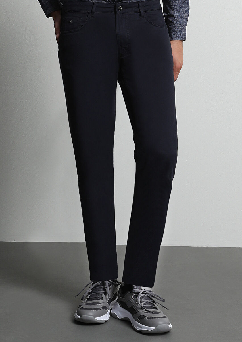 Lacivert Düz Dokuma Slim Fit Casual Pamuk Karışımlı Pantolon - 3