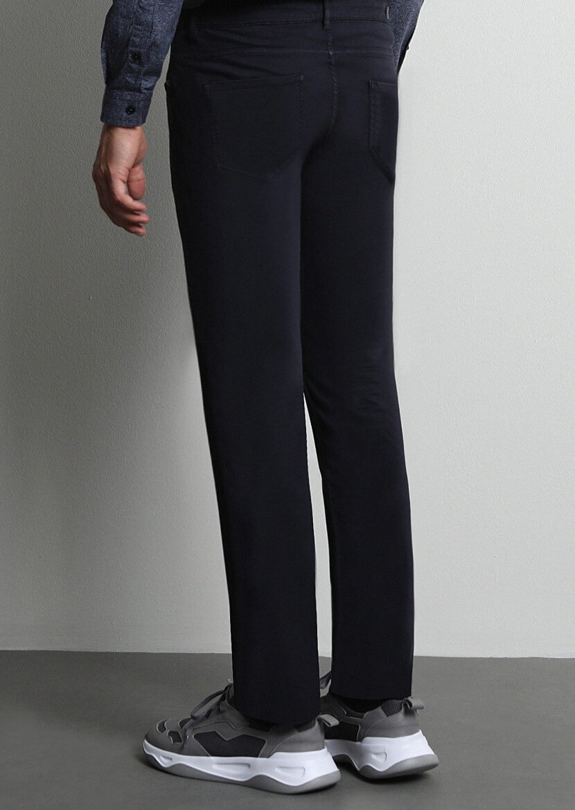 Lacivert Düz Dokuma Slim Fit Casual Pamuk Karışımlı Pantolon - 4