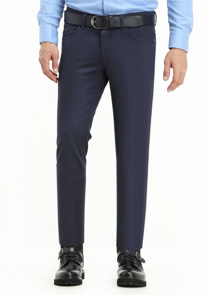 Lacivert Düz Dokuma Slim Fit Casual Pamuk Karışımlı Pantolon - 2