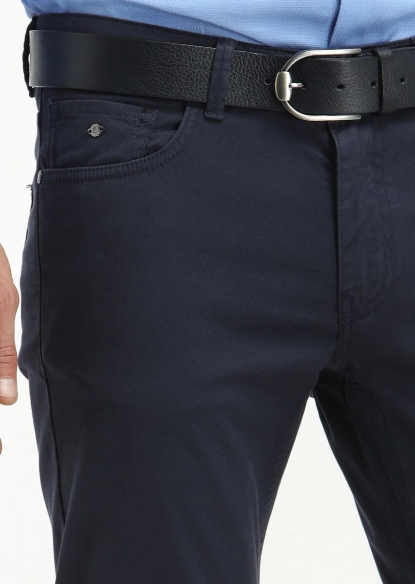 Lacivert Düz Dokuma Slim Fit Casual Pamuk Karışımlı Pantolon - 3