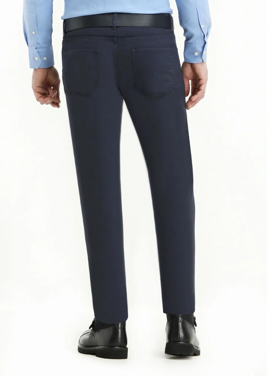 Lacivert Düz Dokuma Slim Fit Casual Pamuk Karışımlı Pantolon - 4
