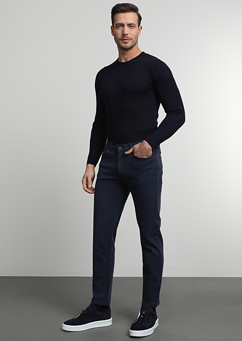 Lacivert Düz Dokuma Slim Fit Casual Pamuk Karışımlı Pantolon 