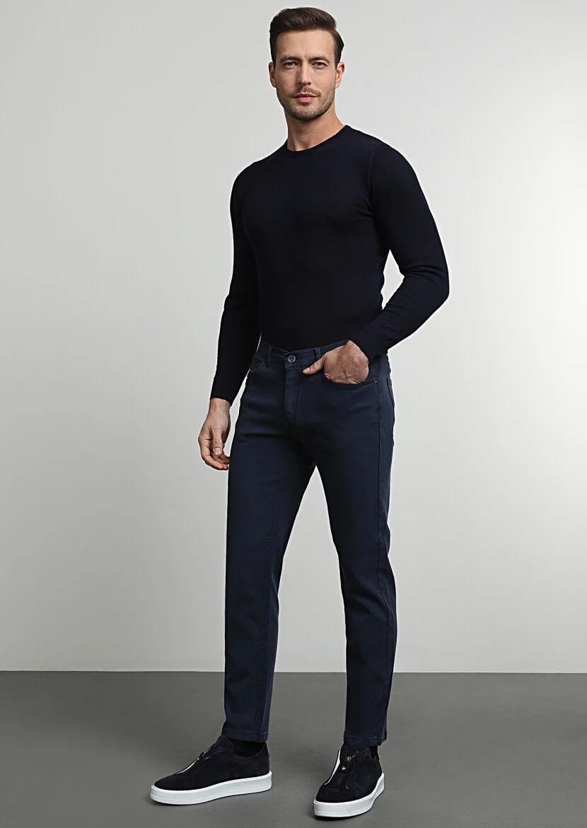 Lacivert Düz Dokuma Slim Fit Casual Pamuk Karışımlı Pantolon - 1