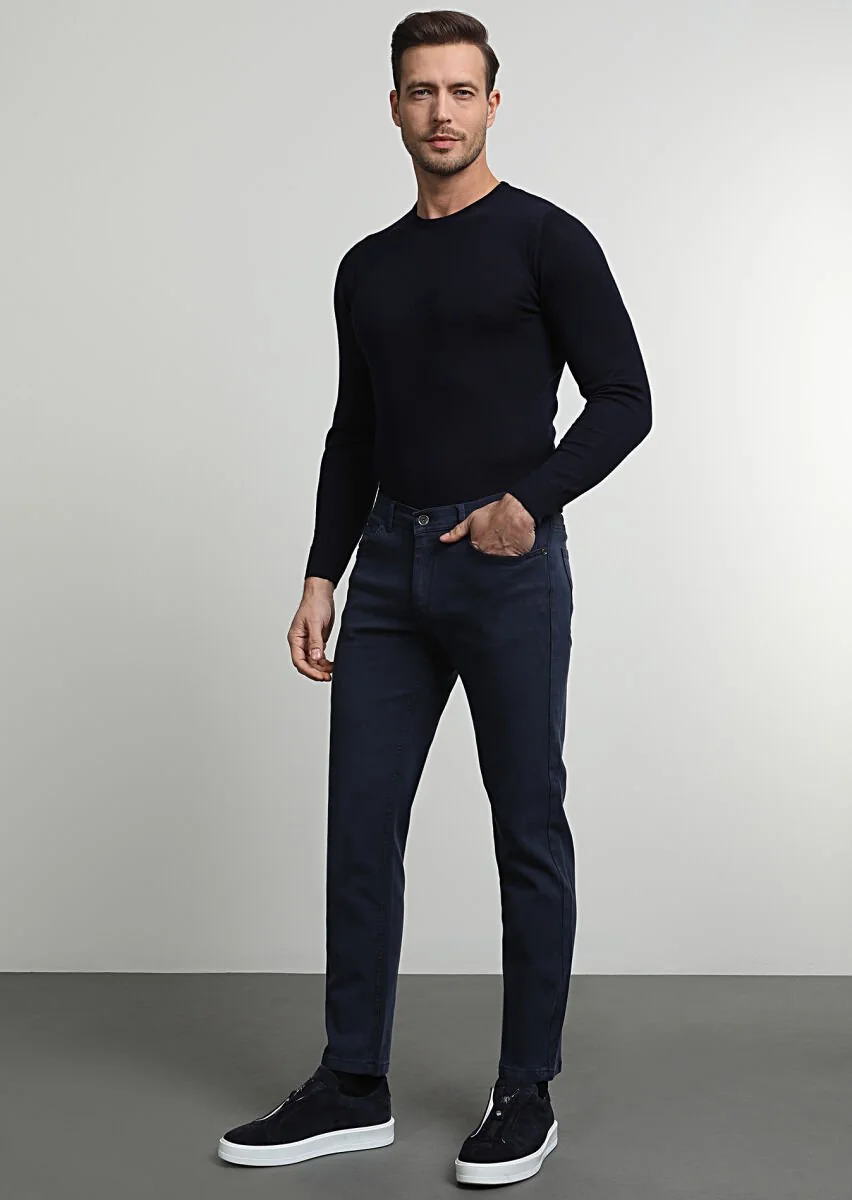 Lacivert Düz Dokuma Slim Fit Casual Pamuk Karışımlı Pantolon - 1
