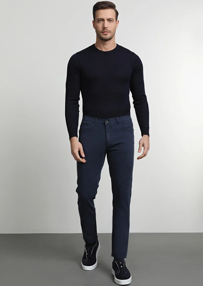 Lacivert Düz Dokuma Slim Fit Casual Pamuk Karışımlı Pantolon - 3