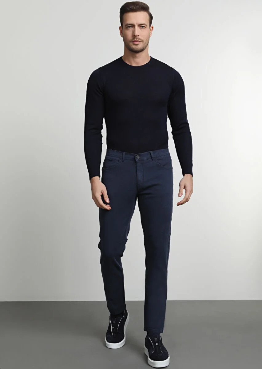 Lacivert Düz Dokuma Slim Fit Casual Pamuk Karışımlı Pantolon - 3