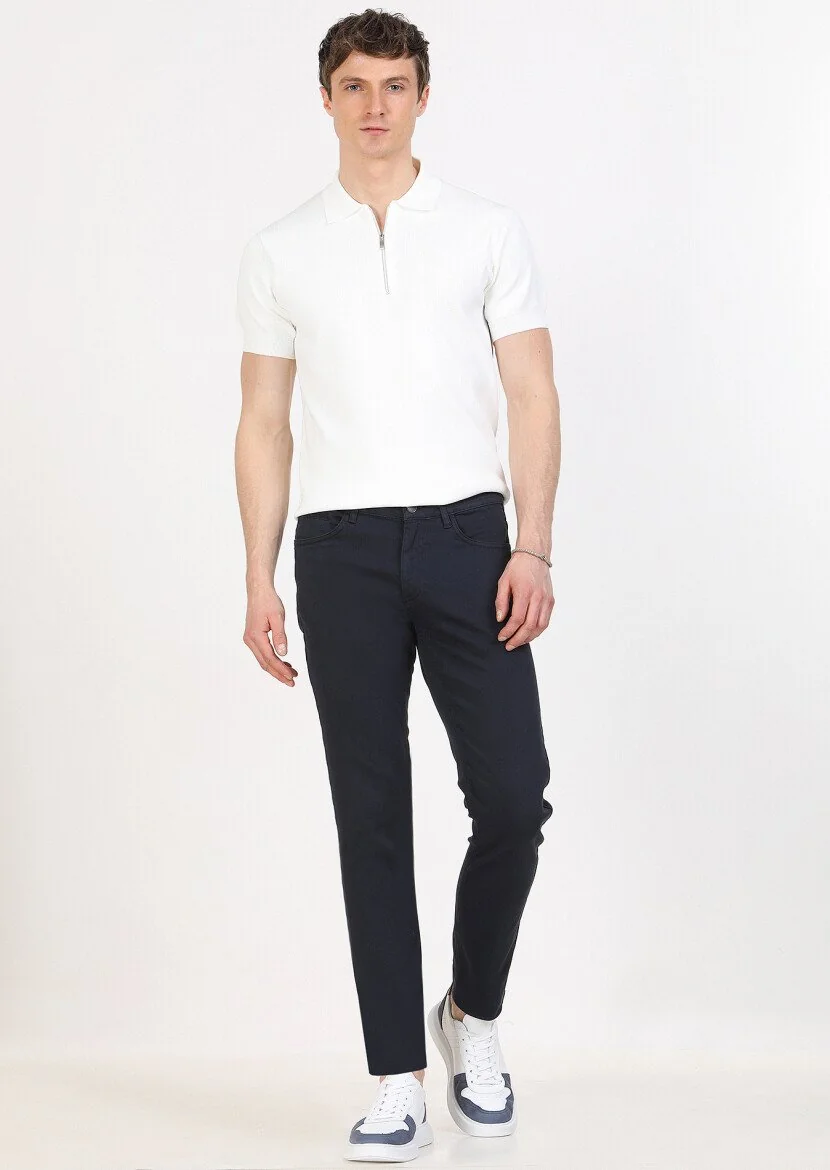 Lacivert Düz Dokuma Slim Fit Casual Pamuk Karışımlı Pantolon - 1