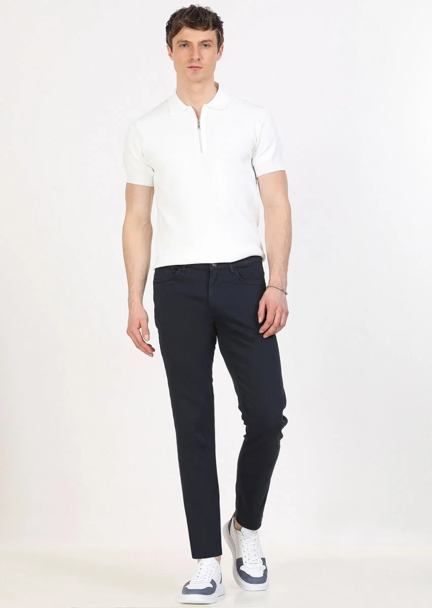 Lacivert Düz Dokuma Slim Fit Casual Pamuk Karışımlı Pantolon - 1