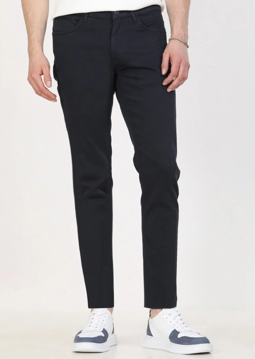 Lacivert Düz Dokuma Slim Fit Casual Pamuk Karışımlı Pantolon 