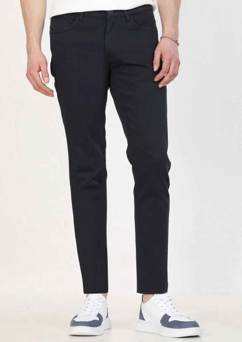 Lacivert Düz Dokuma Slim Fit Casual Pamuk Karışımlı Pantolon - 2