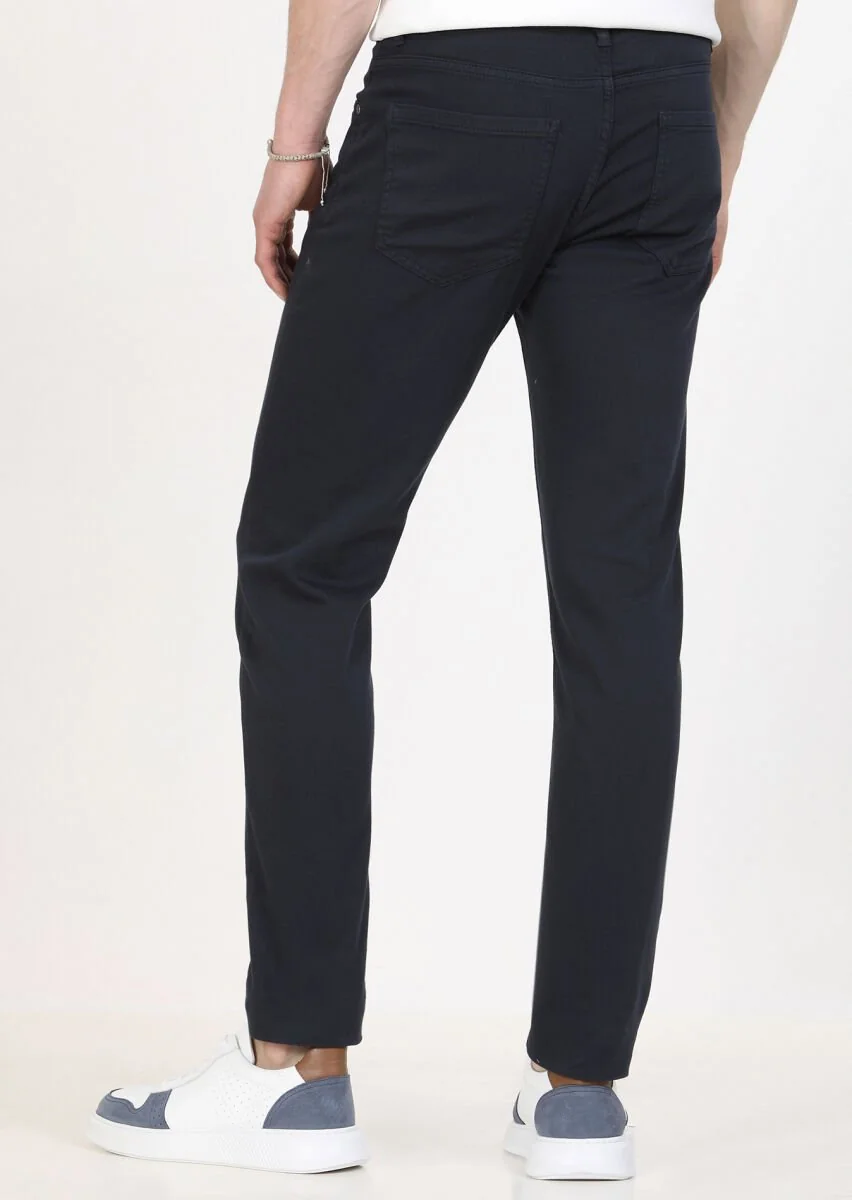 Lacivert Düz Dokuma Slim Fit Casual Pamuk Karışımlı Pantolon - 4