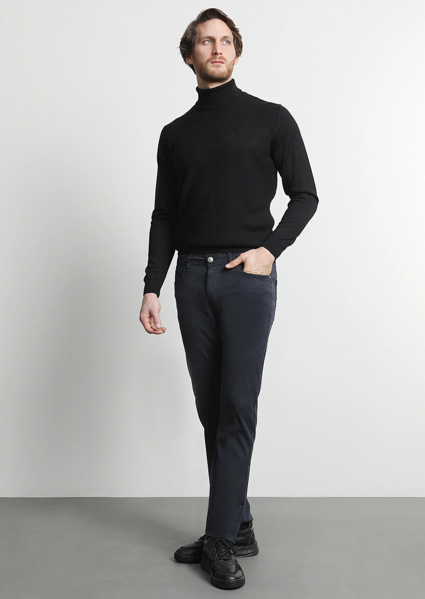 Lacivert Düz Dokuma Slim Fit Casual Pamuk Karışımlı Pantolon - 1