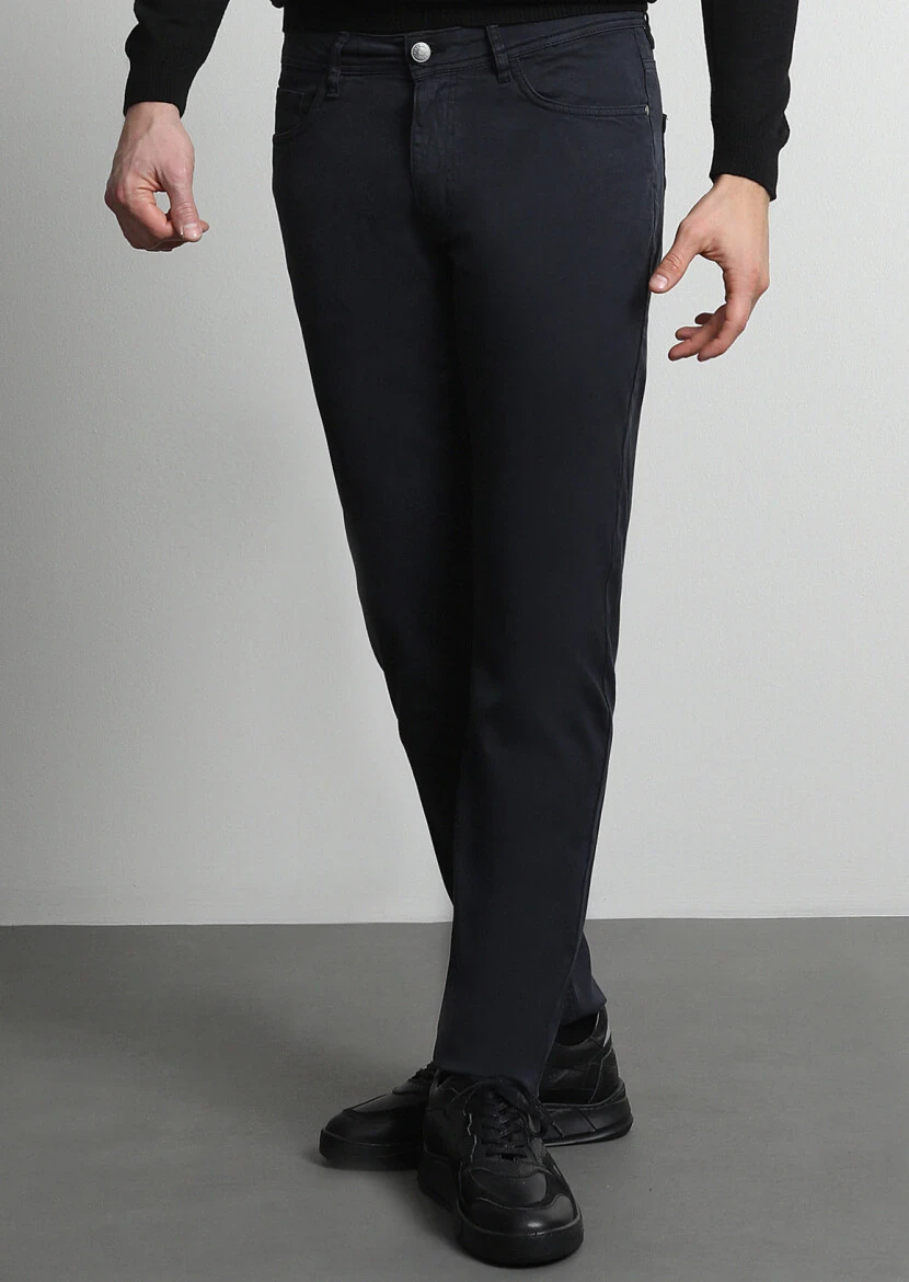 Lacivert Düz Dokuma Slim Fit Casual Pamuk Karışımlı Pantolon - 3