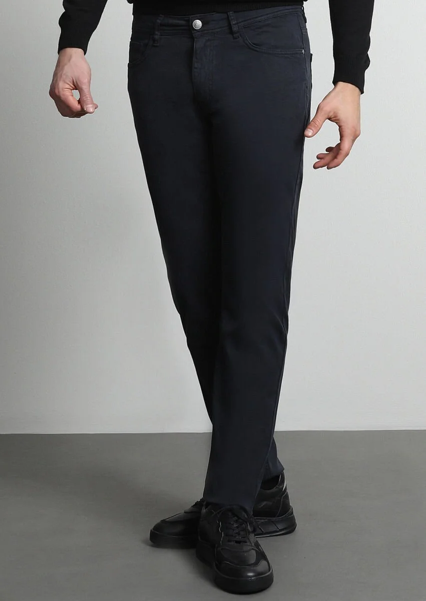 Lacivert Düz Dokuma Slim Fit Casual Pamuk Karışımlı Pantolon - 3