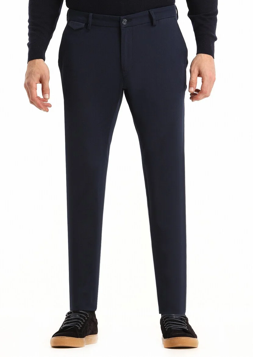 Lacivert Düz Dokuma Slim Fit Casual Pamuk Karışımlı Pantolon - 1